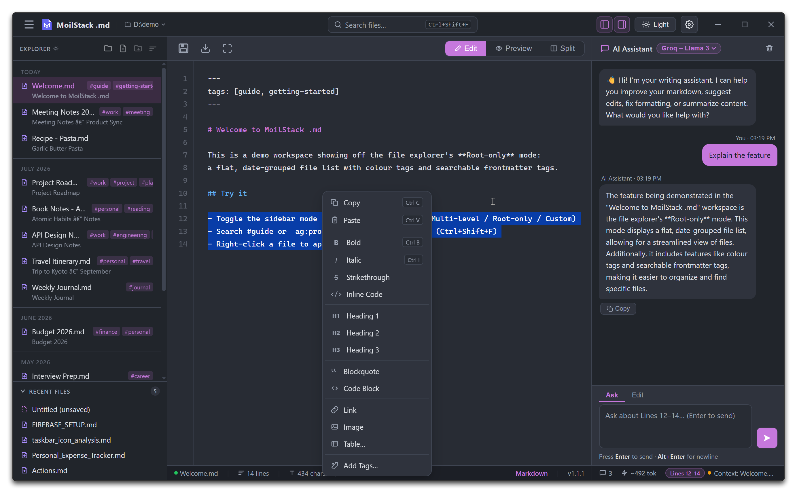 MoilStack .md — Formatting menu with Add Tags